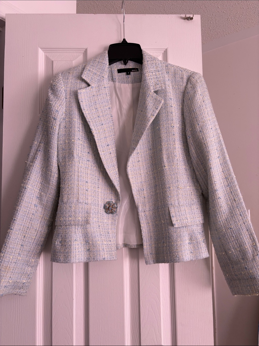 Dalia Pastel Blue Tweed Blazer with Jeweled Button